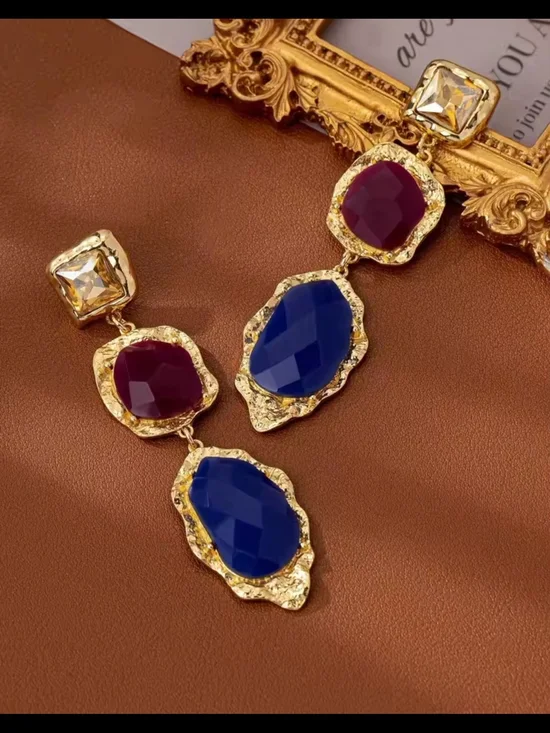 Gold-Tone Earrings with Purple & Blue Stones - Picture 6 of 6